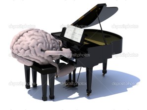 brain with arms and legs playing a piano